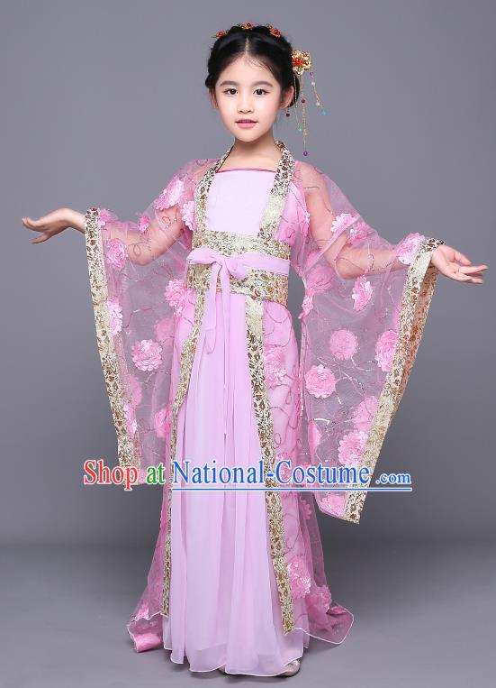 Traditional Chinese Tang Dynasty Imperial Concubine Embroidered Pink Costume, China Ancient Palace Lady Hanfu Clothing for Kids