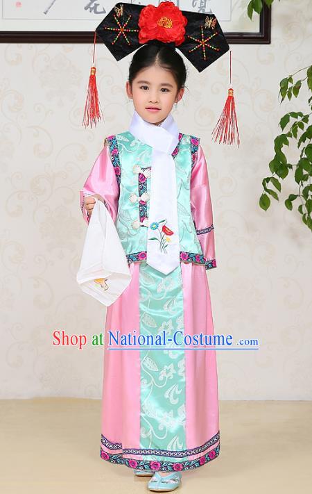 Traditional Chinese Qing Dynasty Princess Costume, China Manchu Palace Lady Embroidered Clothing for Kids