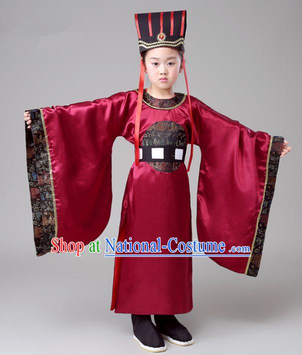 Traditional Chinese Han Dynasty Minister Costume, China Ancient Chancellor Embroidered Clothing for Kids