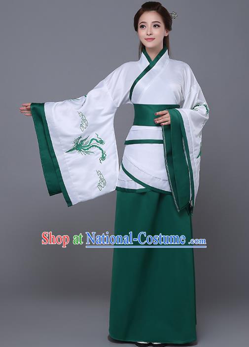 Traditional Chinese Han Dynasty Palace Lady Costume, China Ancient Princess Embroidered Hanfu Green Curving-front Robe for Women