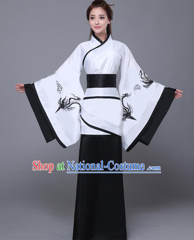 Traditional Chinese Han Dynasty Palace Lady Costume, China Ancient Princess Embroidered Hanfu Black Curving-front Robe for Women