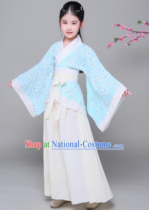 Traditional Chinese Han Dynasty Children Costume, China Ancient Princess Hanfu Blue Curving-front Robe for Kids