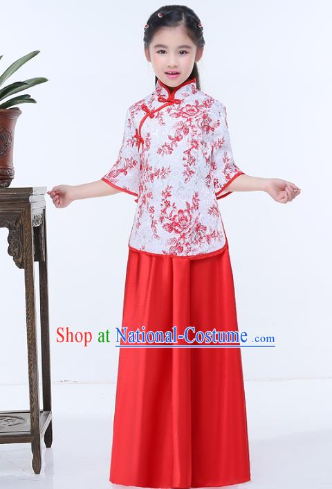 Traditional Chinese Republic of China Children Clothing, China National Embroidered Red Blouse and Skirt for Kids