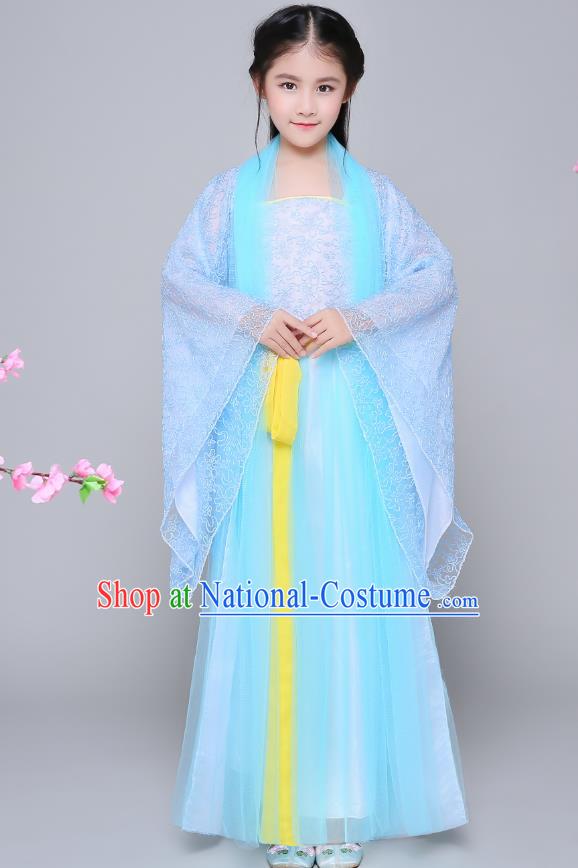 Traditional Chinese Tang Dynasty Palace Princess Costume, China Ancient Fairy Hanfu Embroidered Blue Dress for Kids