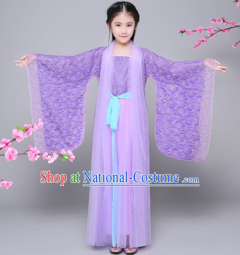 Traditional Chinese Tang Dynasty Palace Princess Costume, China Ancient Fairy Hanfu Embroidered Purple Dress for Kids