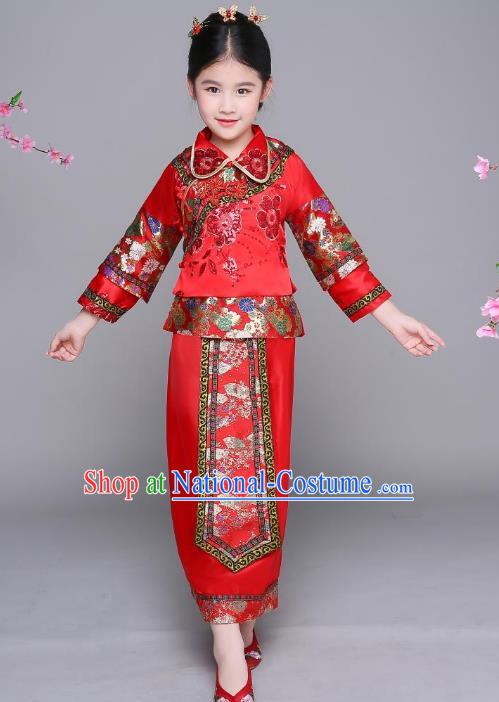 Traditional Chinese Qing Dynasty Palace Princess Costume, China Ancient Manchu Xiuhe Suit Embroidered Clothing for Kids