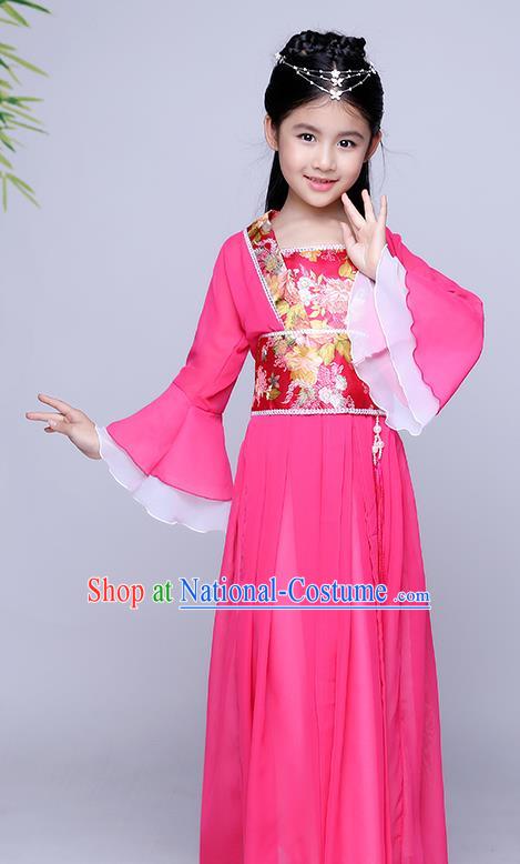 Traditional Chinese Tang Dynasty Seven Fairy Costume Ancient Princess Rosy Dress Clothing for Kids