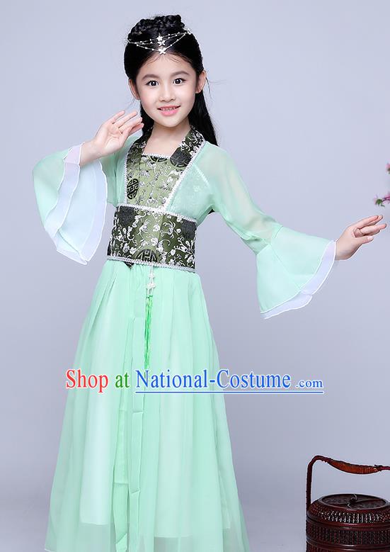 Traditional Chinese Tang Dynasty Seven Fairy Costume Ancient Princess Green Dress Clothing for Kids