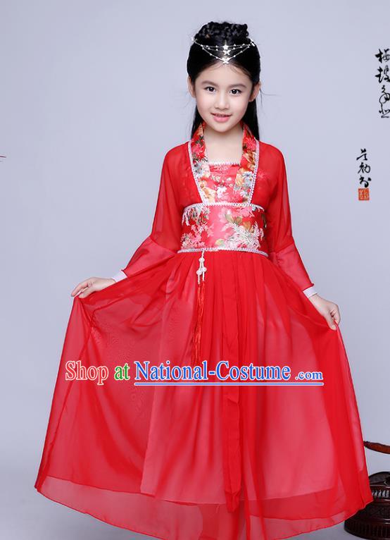 Traditional Chinese Tang Dynasty Seven Fairy Costume Ancient Princess Red Dress Clothing for Kids