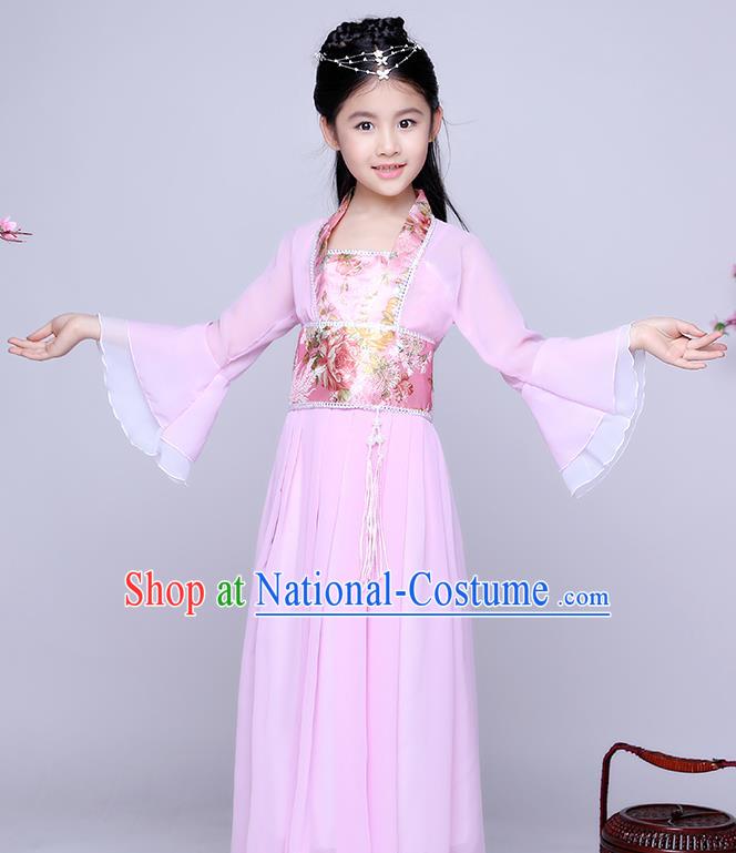 Traditional Chinese Tang Dynasty Seven Fairy Costume Ancient Princess Pink Dress Clothing for Kids