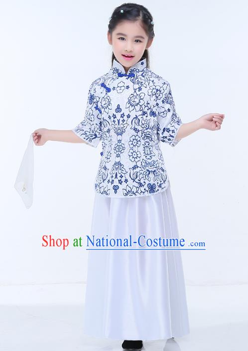 Traditional Chinese Republic of China Children Clothing, China National Embroidered White Blouse and Skirt for Kids