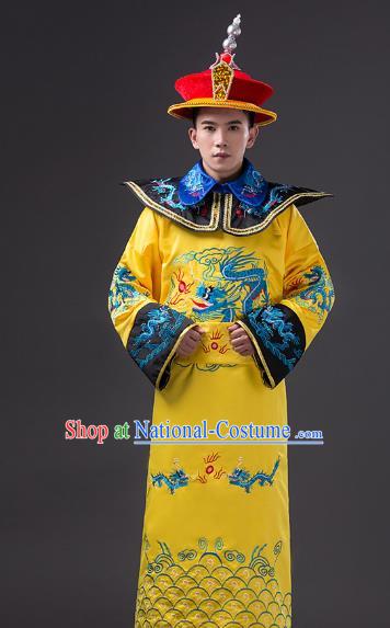 Traditional Chinese Qing Dynasty Emperor Costume, China Manchu Majesty Embroidered Dragon Robe for Men