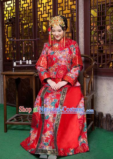 Chinese Traditional Wedding Costume Xiuhe Suits China Ancient Bride Embroidered Peony Clothing for Women