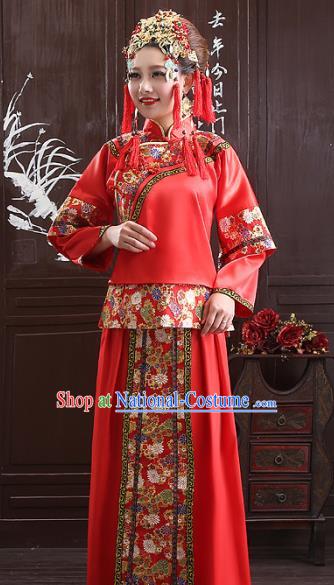 Chinese Traditional Wedding Bride Costume Xiuhe Suits China Ancient Embroidered Toast Clothing for Women