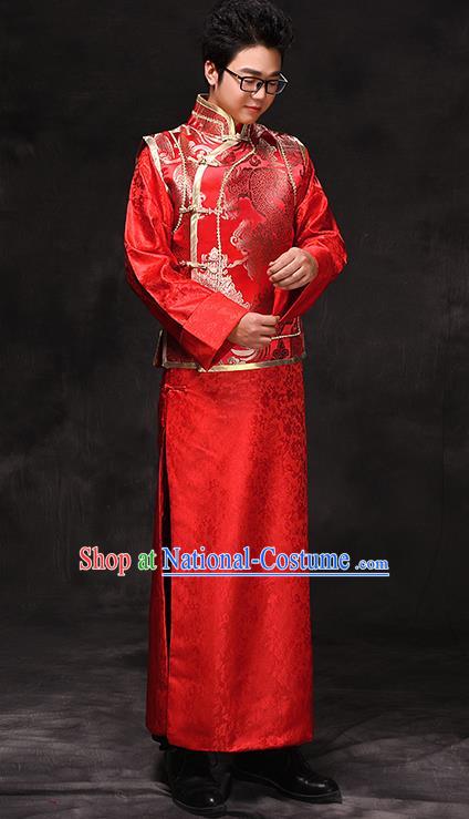 Ancient Chinese Qing Dynasty Wedding Costume China Traditional Bridegroom Embroidered Toast Clothing for Men