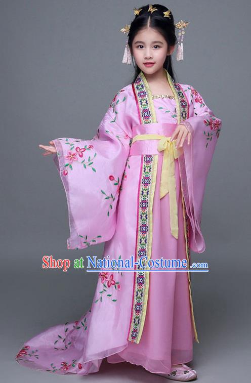 Traditional Chinese Ancient Imperial Consort Pink Costume, China Tang Dynasty Palace Princess Hanfu Embroidered Clothing for Kids