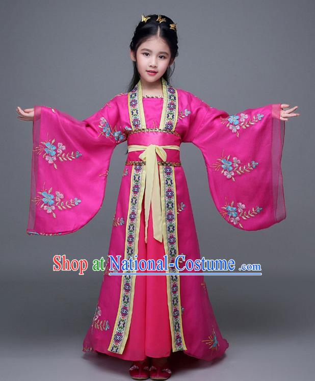 Traditional Chinese Ancient Imperial Consort Rosy Costume, China Tang Dynasty Palace Princess Hanfu Embroidered Clothing for Kids