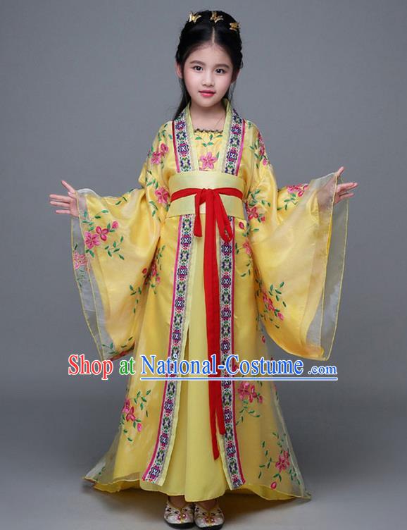 Traditional Chinese Ancient Imperial Consort Yellow Costume, China Tang Dynasty Palace Princess Hanfu Embroidered Clothing for Kids