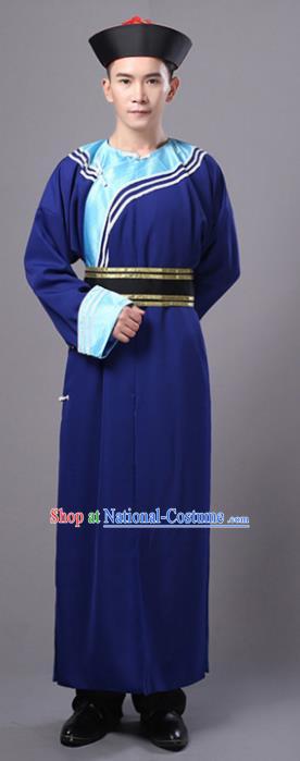 Traditional Chinese Qing Dynasty Court Eunuch Costume, China Manchu Imperial Bodyguard Blue Robe for Men