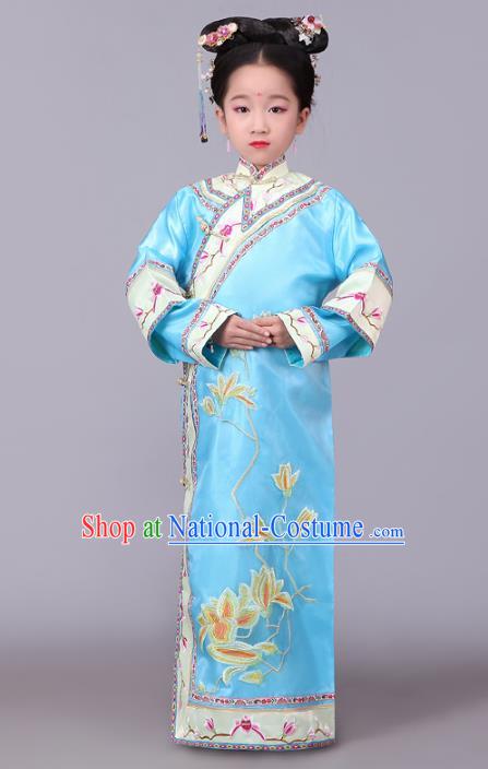 Traditional Chinese Qing Dynasty Princess Costume Blue Embroidered Dress, China Manchu Palace Lady Clothing for Kids