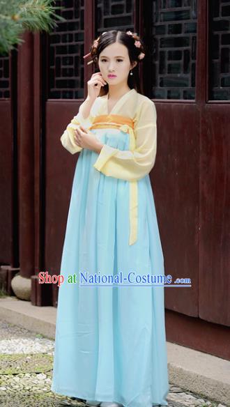 Traditional Chinese Tang Dynasty Young Lady Costume, China Ancient Princess Hanfu Blue Dress Clothing for Women