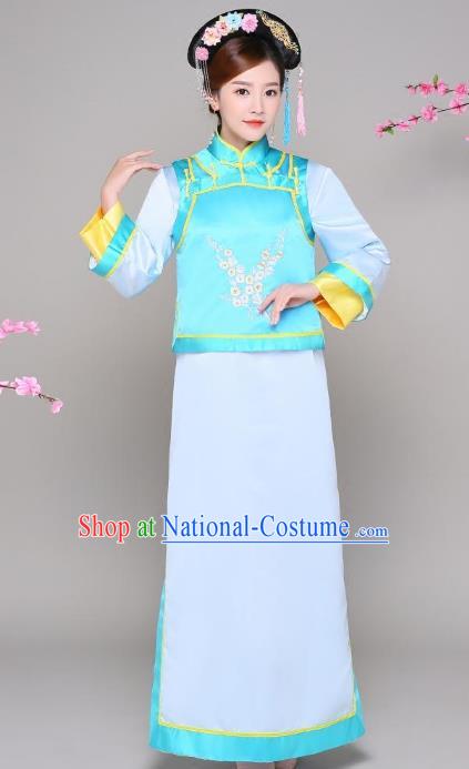 Traditional Chinese Qing Dynasty Manchu Princess Blue Costume, China Ancient Palace Lady Embroidered Clothing for Women