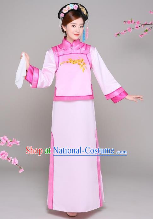 Traditional Chinese Qing Dynasty Manchu Princess Pink Costume, China Ancient Palace Lady Embroidered Clothing for Women