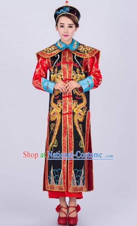 Traditional Ancient Chinese Qing Dynasty Empress Costume, China Manchu Palace Queen Embroidered Black Clothing for Women