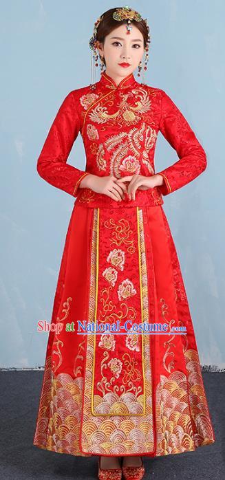 Ancient Chinese Wedding Costume Xiuhe Suits Traditional Embroidered Phoenix Peony Flown Bride Toast Cheongsam for Women