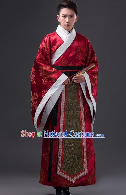 Traditional Chinese Han Dynasty Minister Wedding Costume, China Ancient Chancellor Hanfu Red Embroidered Robe Clothing for Men