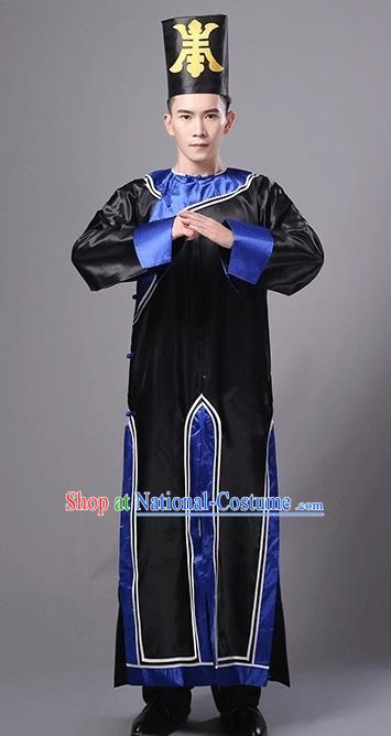 Traditional Chinese Qing Dynasty Manchu Eunuch Costume, China Ancient Cosplay Zombie Black Robe Clothing for Kids