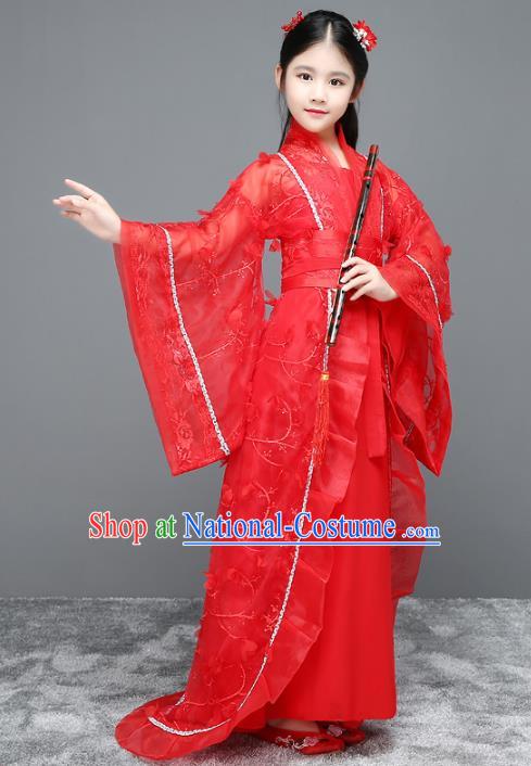 Traditional Chinese Ancient Palace Fairy Costume, China Tang Dynasty Imperial Princess Red Trailing Dress Clothing for Kids