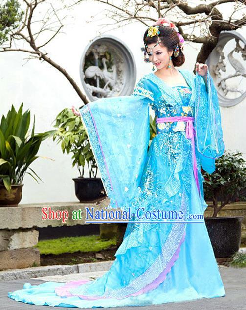 Traditional Ancient Chinese Imperial Consort Blue Costume, China Tang Dynasty Palace Lady Trailing Embroidered Clothing for Women