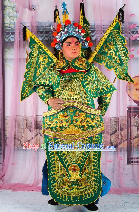 Chinese Beijing Opera General Costume Green Embroidered Armour, China Peking Opera Military Officer Embroidery Gwanbok Clothing