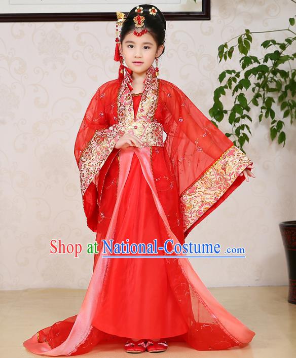 Traditional Chinese Tang Dynasty Palace Lady Costume, China Ancient Imperial Consort Hanfu Red Dress Clothing for Kids