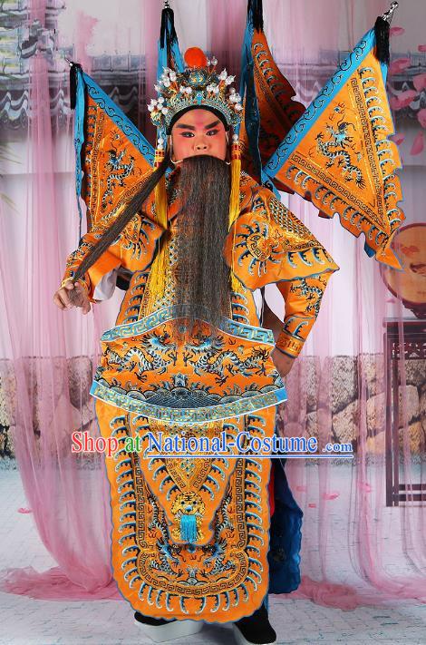 Chinese Beijing Opera General Costume Yellow Embroidered Armour, China Peking Opera Military Officer Embroidery Gwanbok Clothing