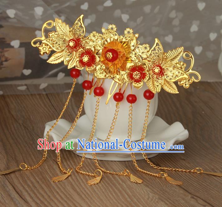 Traditional Handmade Chinese Classical Hair Accessories Hanfu Hairpins Golden Tassel Hair Comb for Women