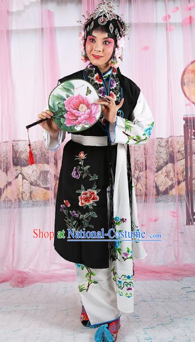 Chinese Beijing Opera Servant Girl Black Embroidered Costume, China Peking Opera Actress Embroidery Clothing