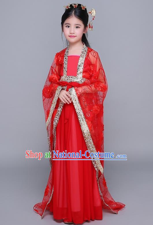 Traditional Chinese Tang Dynasty Fairy Palace Lady Costume, China Ancient Princess Hanfu Red Dress Clothing for Kids