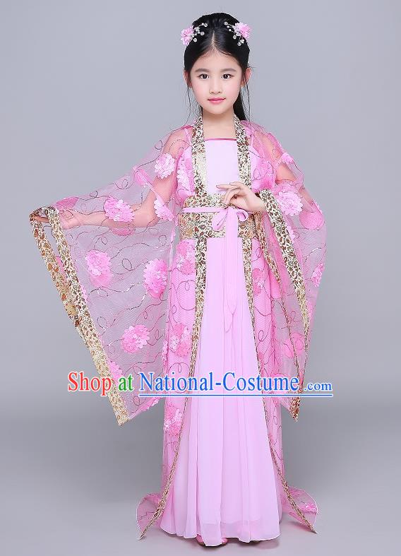 Traditional Chinese Tang Dynasty Fairy Palace Lady Costume, China Ancient Princess Hanfu Pink Dress Clothing for Kids