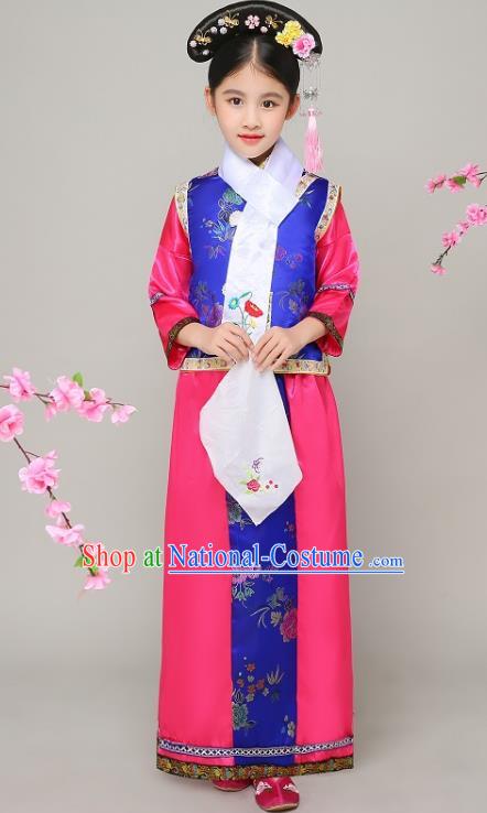 Traditional Chinese Qing Dynasty Court Princess Rosy Costume, China Manchu Palace Lady Embroidered Clothing for Kids