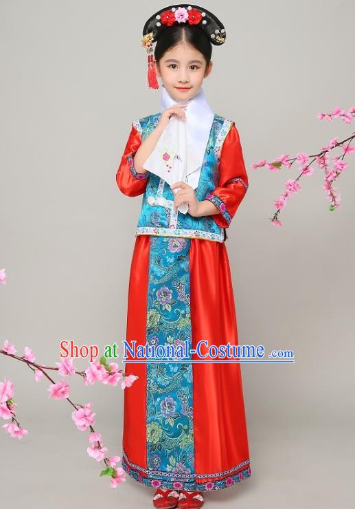 Traditional Chinese Qing Dynasty Court Princess Red Costume, China Manchu Palace Lady Embroidered Clothing for Kids