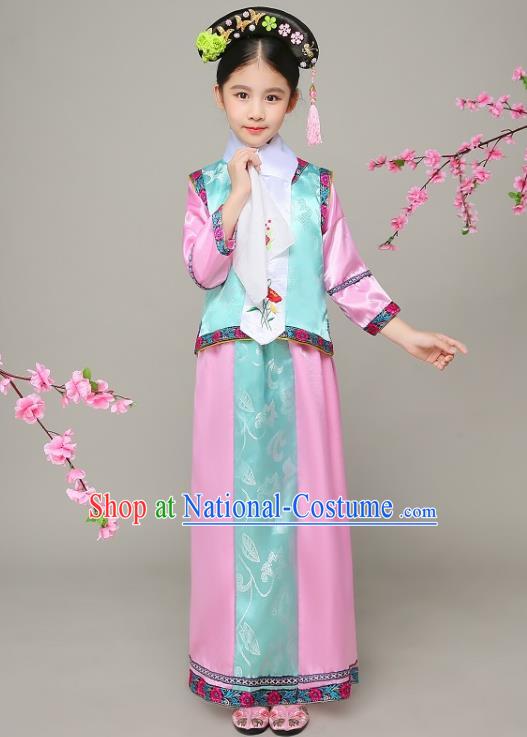 Traditional Chinese Qing Dynasty Court Princess Green Costume, China Manchu Palace Lady Embroidered Clothing for Kids