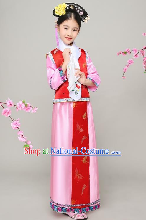 Traditional Chinese Qing Dynasty Court Princess Costume, China Manchu Palace Lady Red Clothing for Kids