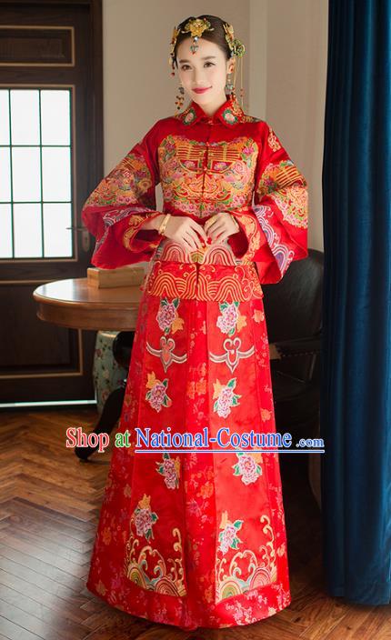 Chinese Traditional Bride Xiuhe Suit Costume China Ancient Wedding Cheongsam Embroidered Peony Clothing for Women