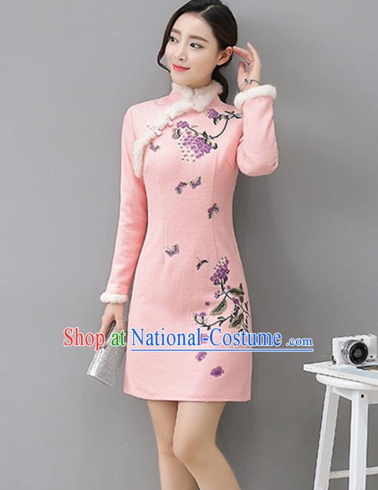 Traditional Chinese National Costume Hanfu Pink Embroidered Qipao Dress, China Tang Suit Cheongsam for Women