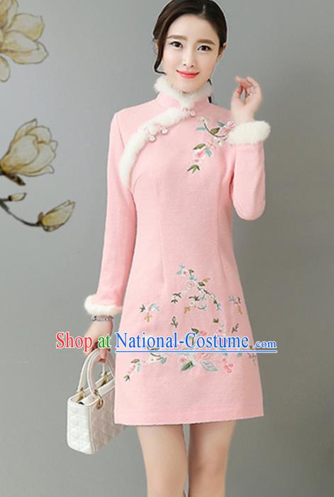 Traditional Chinese National Costume Hanfu Pink Embroidered Qipao, China Tang Suit Cheongsam Dress for Women