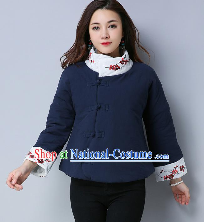 Traditional Chinese National Costume Hanfu Slant Opening Embroidered Cotton-padded Jacket, China Tang Suit Navy Coat for Women