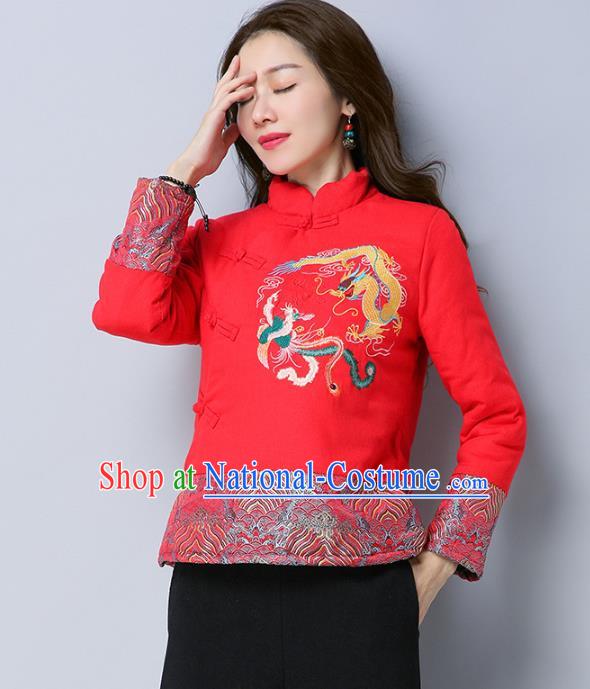 Traditional Chinese National Costume Hanfu Embroidered Dragons Red Cotton-padded Jacket, China Tang Suit Coat for Women