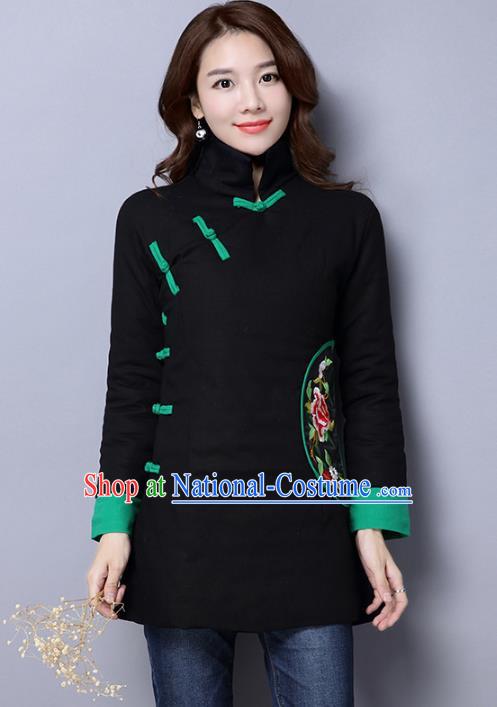 Traditional Chinese National Costume Hanfu Embroidered Peony Cotton-padded Jacket, China Tang Suit Black Coat for Women